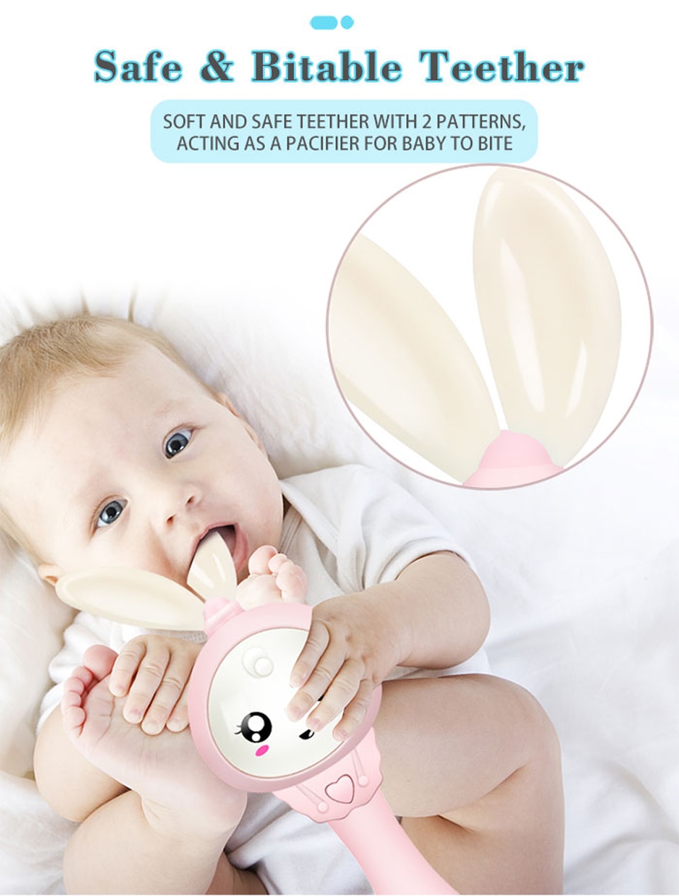 MKTOYS Rattles Baby Toys 0-12 Months Newborn Infant Gift Early Development Hand Shaking Musical Bunny Toys with Light Teethers